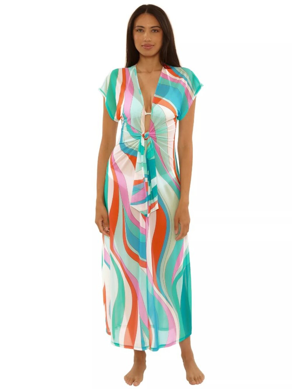 NWT Trina Turk Apollo Tie Front V-Neck Stretch Mesh Maxi Dress Swim Cover-Up S